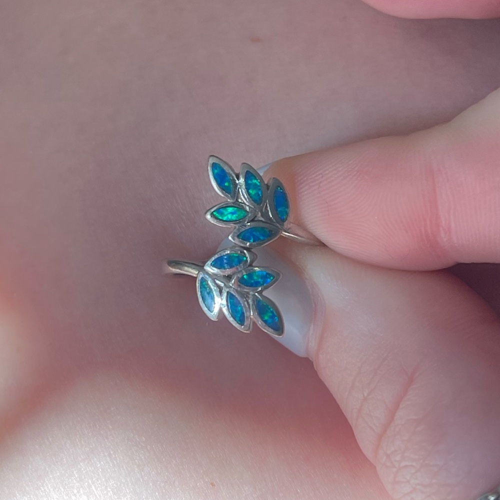 Sterling Silver Created Opal Leaf Ring - image 1